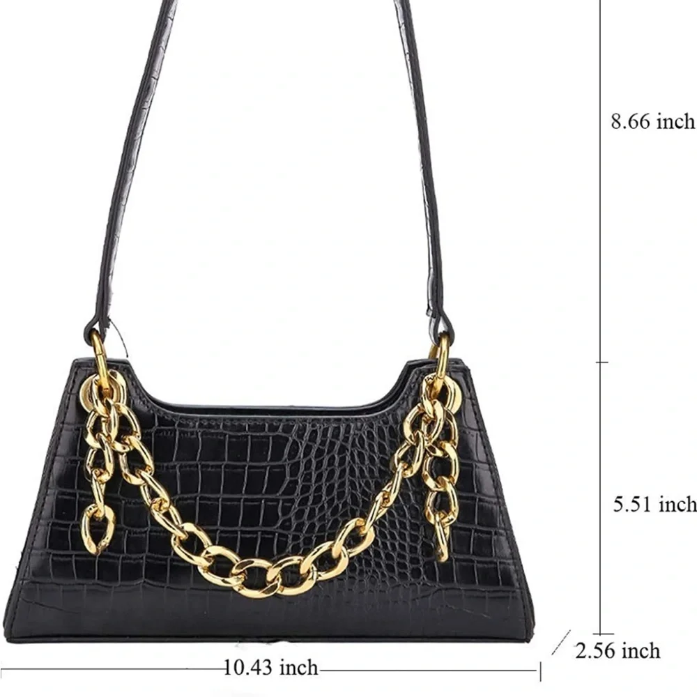 NWOT Amazon Crocodile Black & Gold Chain Shoulder Bag - Picture 3 of 8